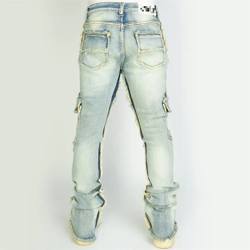 Custom Men Flare Jeans Streetwear Fashion Slim Multi Pocket Wide Leg Blue Stacked Jeans
