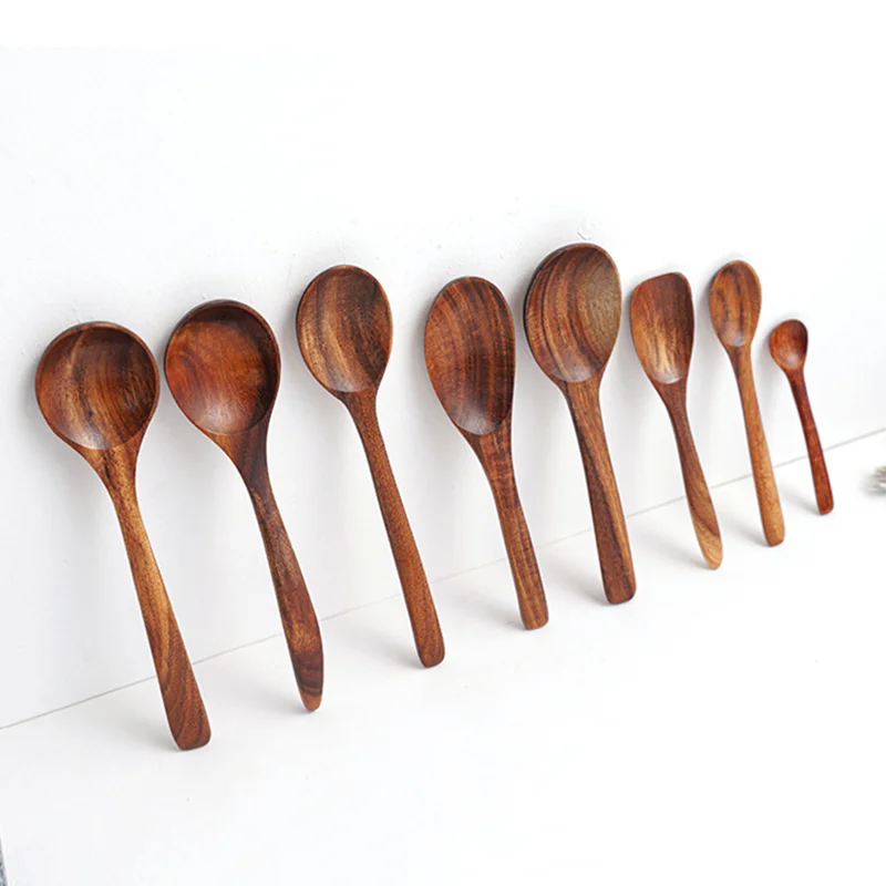 New Style Wholesale Handmade Heat Resistant Kitchen Condiments Soup Coffee Tea Honey Dessert Acacia Wooden Spoon