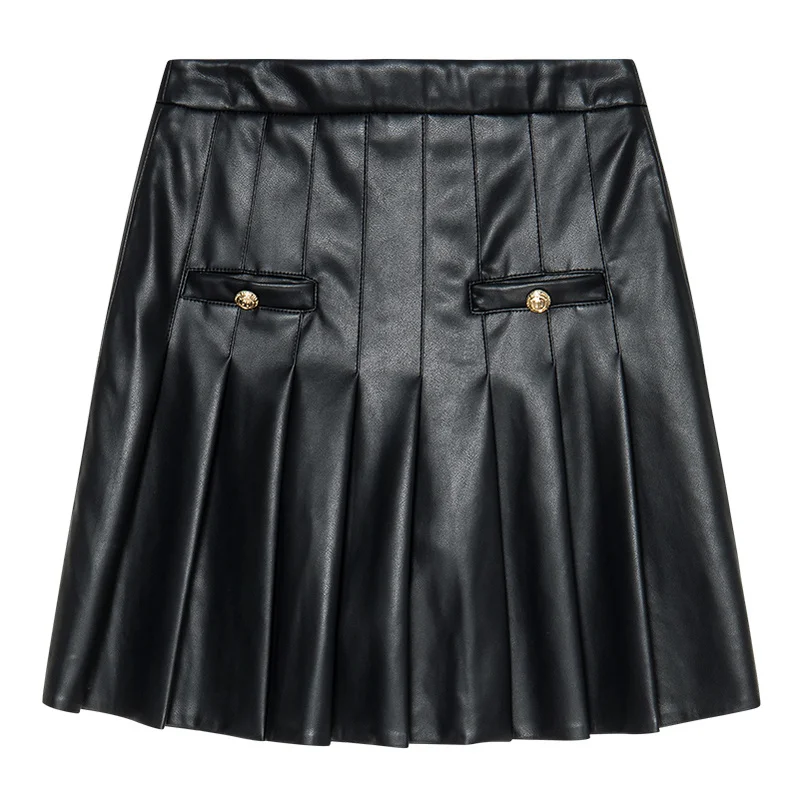 YRP002 Women Fashion Pleated Synthetic Leather Skirt High Quality Soft Artificial Leather Skirt