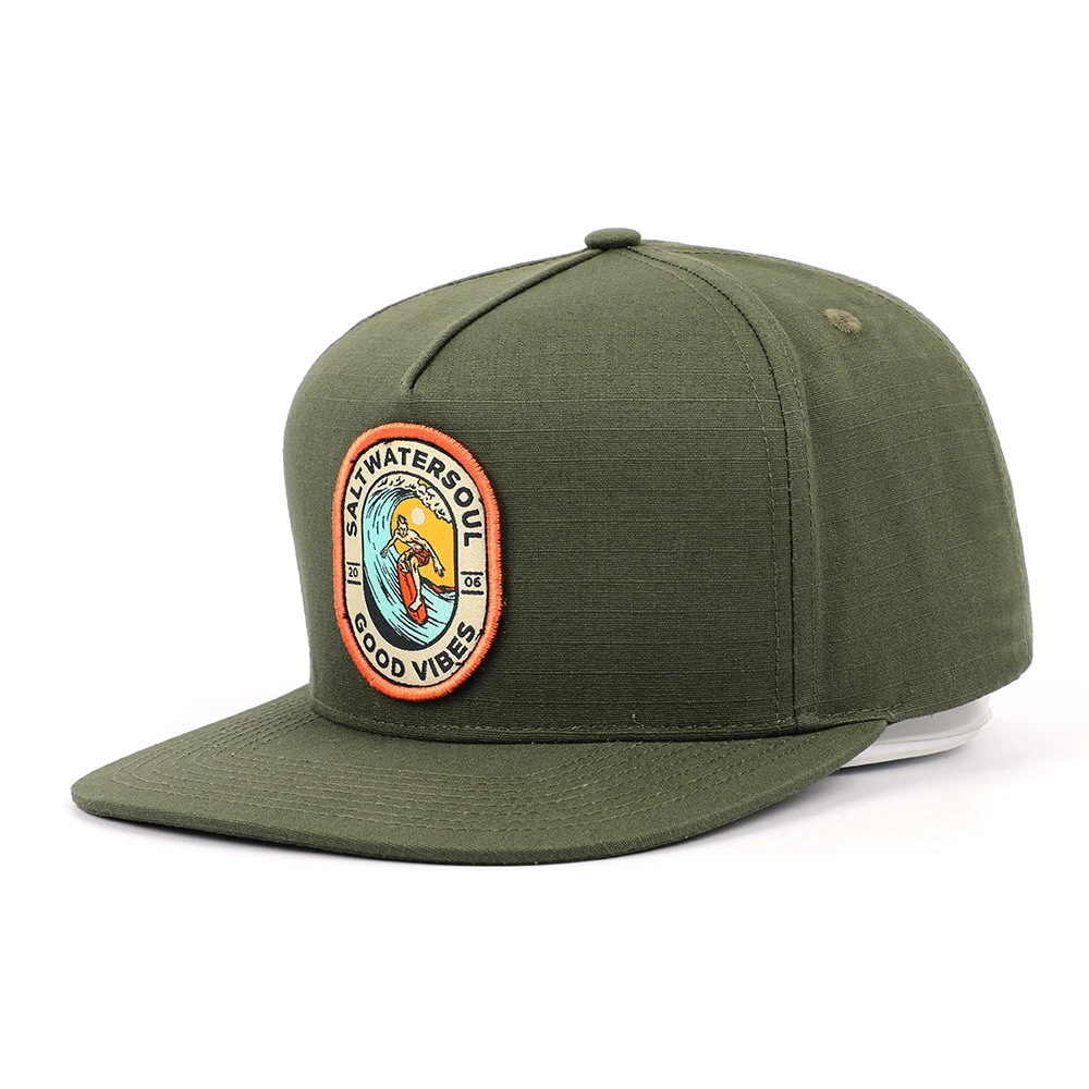 High Quality Wholesale Custom Cheap Adult 5 Panel Cool Flat Brim  Army Green  Grid Woven Patch Snapback Caps Sport Caps