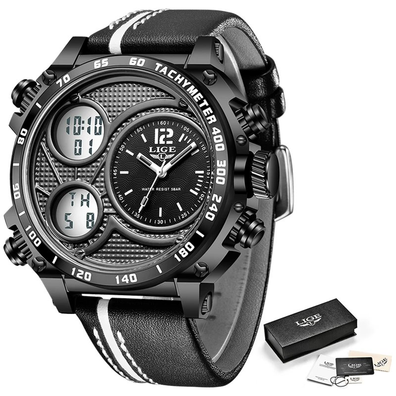 LIGE Unique Design Square Big Dial Leather 3 Time Zone Alarm Led Clock Waterproof Sports Boamigo Quartz Digital Men Watch