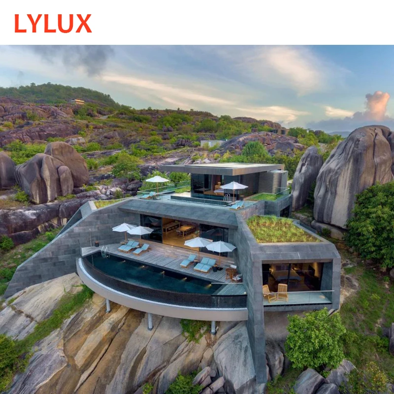 Well hotel architecture designed concrete/steel structure 5 star luxury hotel building, prefab hotel resorts at island mountain