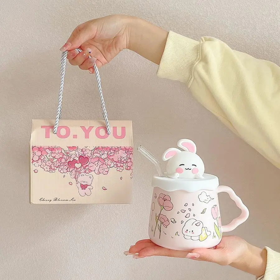 420ml Cute Bunny Ceramic Mug With Lid And Straw Couples Coffee Mug Gift Mugs