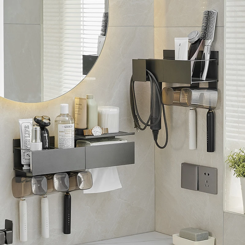 High Quality Space Aluminum Bathroom Wall Mount Toiletries Shelf Hair Dryer Toothbrush Cup Holder Razor Holder Hair Dryer Holder