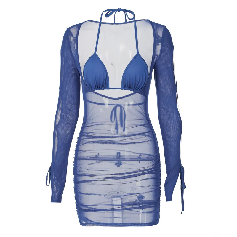 2022 Fashion Design Sexy Hollow Out Mesh Transparent Long Sleeve Beach Dress Cover Up Party Club Casual Dresses For Women/Ladies