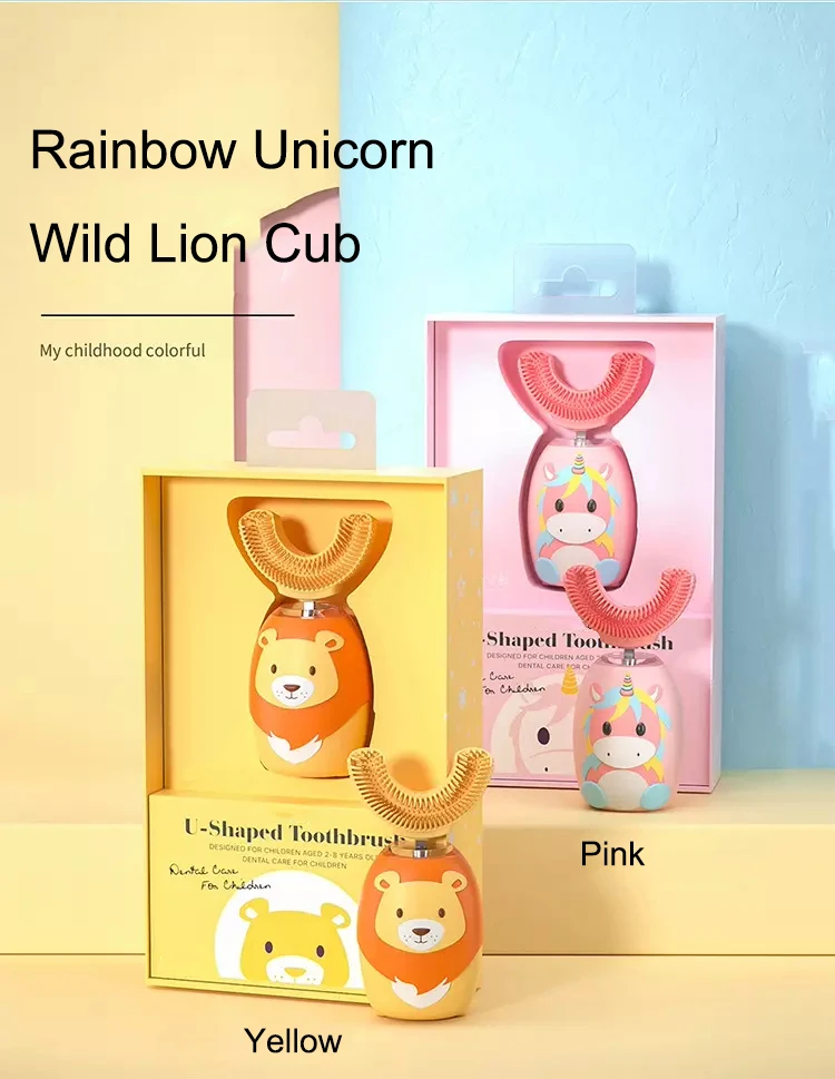 U-образная ультразвуковая детская зубная щетка с мультяшным рисунком, силиконовая щетка, набор электрических зубных щеток