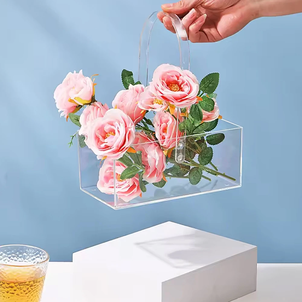 Manufacturer OEM Transparent Wedding Table Decoration Clear Acrylic Flower Basket Box with Handles acrylic vases