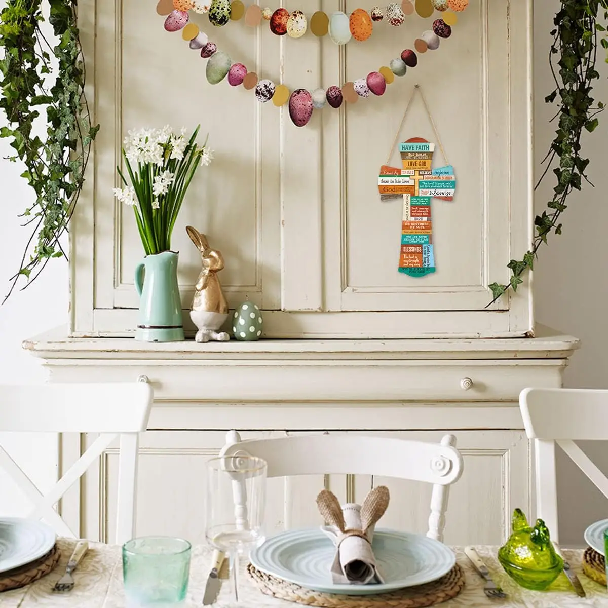 Cross Wood Hanging Wall Sign Plaque Christian Bible Verse Colorful Inspirational Scripture Quote Art Front Door Farmhouse Home