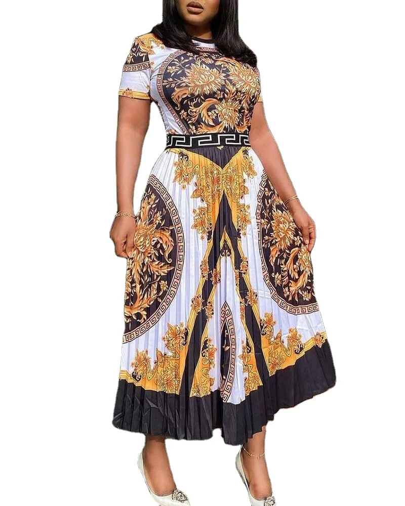 2022 New Large Size Fashion African Style High Waist Long Skirt Printed Temperament Commuter Floral Print Pleated Dress