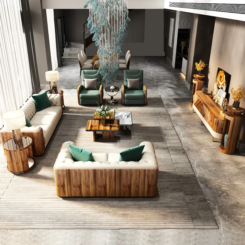 MIDOSO Italian minimalist sofa set living room furniture leather solid wood combination sofa