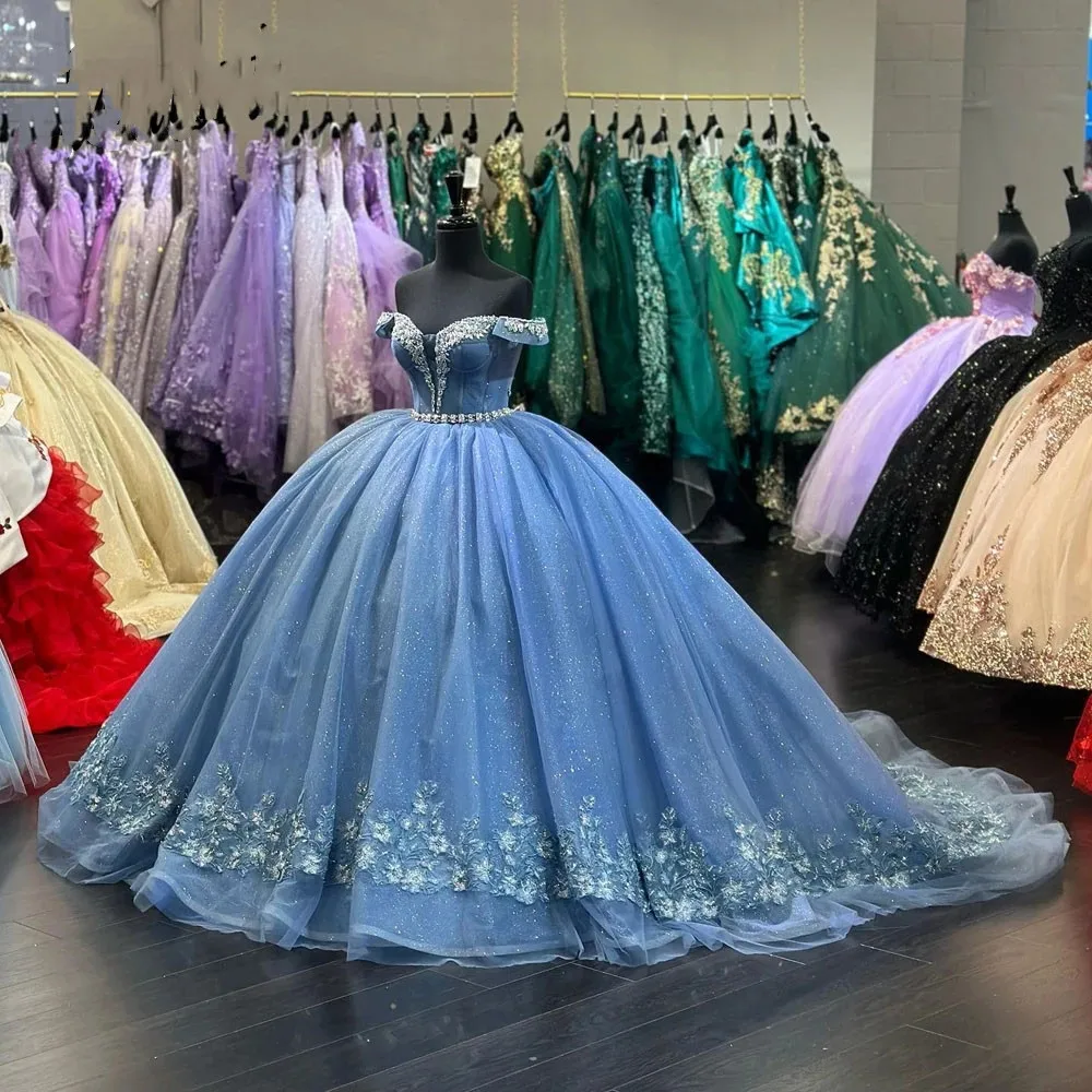 Embroidered Blue Quinceanera Dresses Puffy Cheap Off Shoulder customized Corset 15 Girls Party Prom Ball Gown MQ701