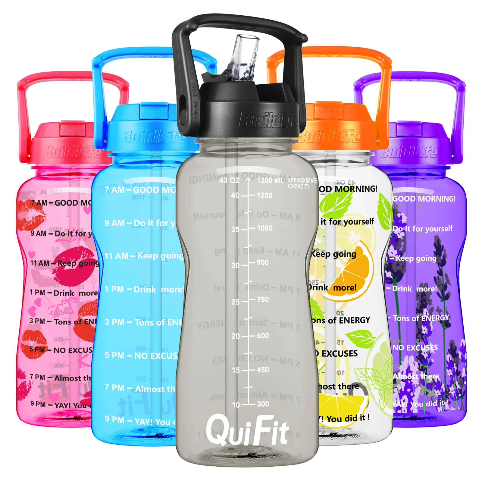 Quifit Customised Multifunctional 1.3L Reusable Drinking Gym Sport Tritan Water Bottles With Straw And Mobile Cell Phone Holder