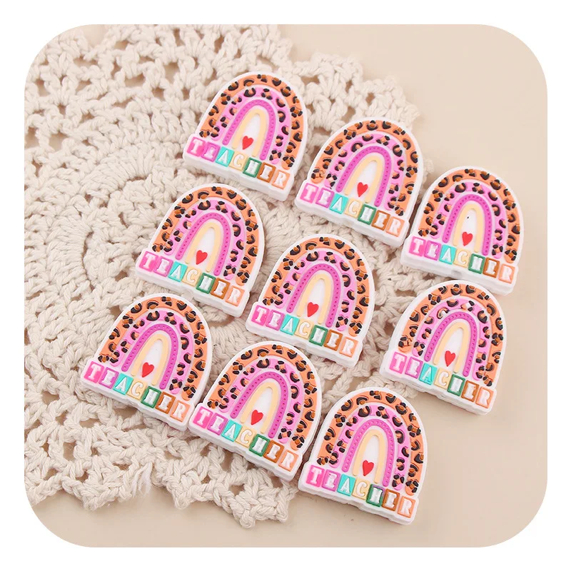 Fashion Baby Chew Beaded Pen Colorful Rainbow Leopard Teacher Silicone Teething Focal Beads for Keychain Jewelry DIY Making