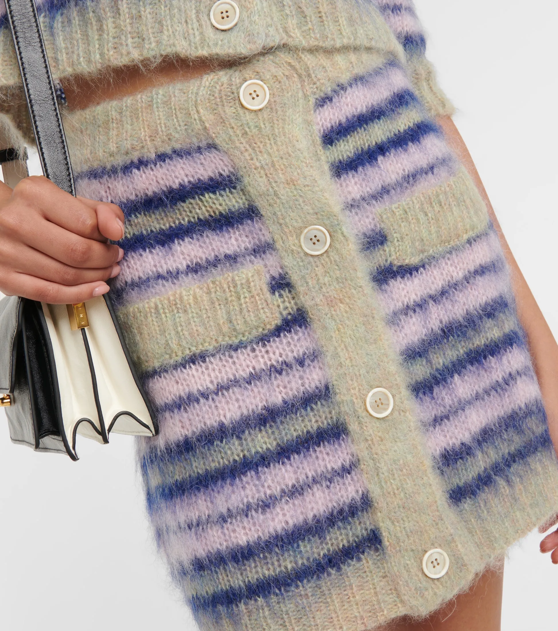 Kingsun OEM ODM custom design mohair wool blended fuzzy  knitted striped button A line knitted short mini skirt