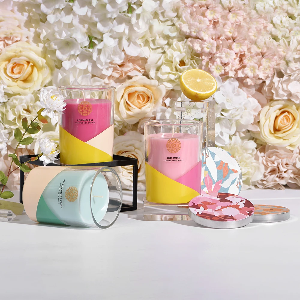 Soy Scented Candle Wholesale Candle Colored Natural Soy Wax Essential Oil Decal Glass Jar Scented Candle With Metal Lid