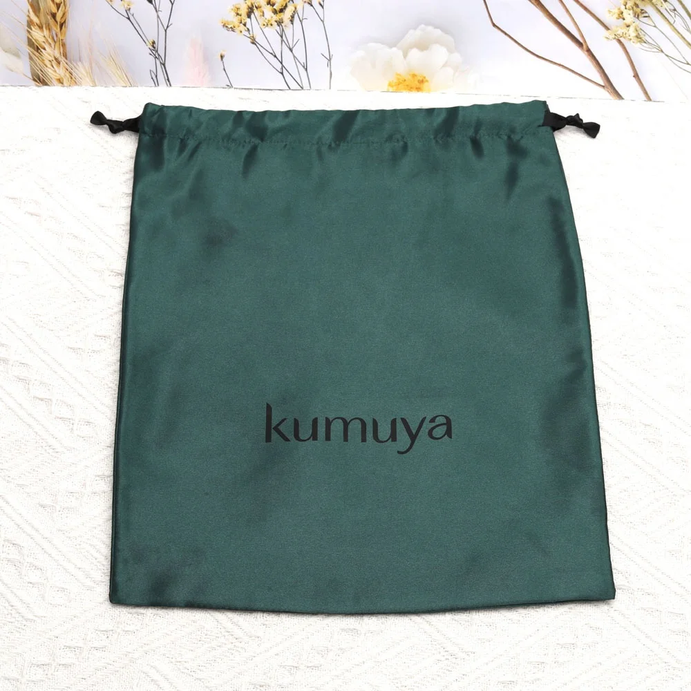 Custom Logo Printed Luxury Green Satin Handbag Shoe Hair Bundle Storage Bag High Quality Drawstring Silk Pouch Satin Dust Bag