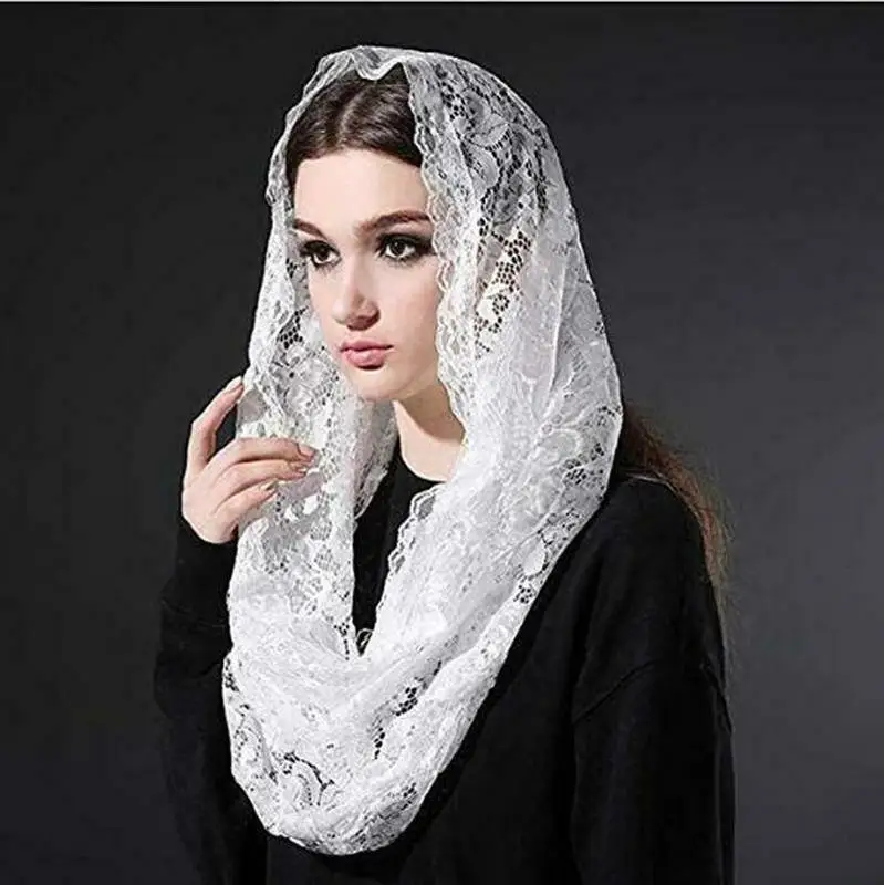 2022 Ivory Black Wedding Cape Muslim Ladies Lace Shawl Scarf Bridal Mantillas For Church Wedding Lace Veil Catholic