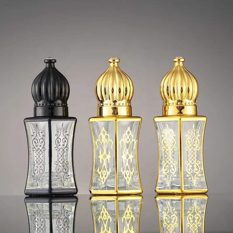 CJ-UV Printing 10ML Attar Glass Essential Oil Bottles With Black/Gold cap or Glass Roller Glass Stick