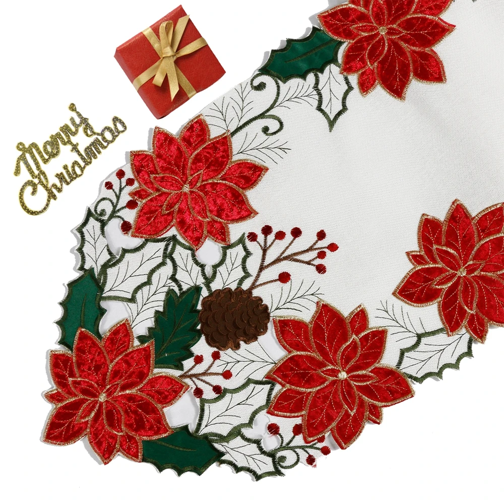 OWENIE Christmas Red Poinsettia Embroidered Applique Velvet Flower Custom Table Runner With Place Mats For Dinner Table