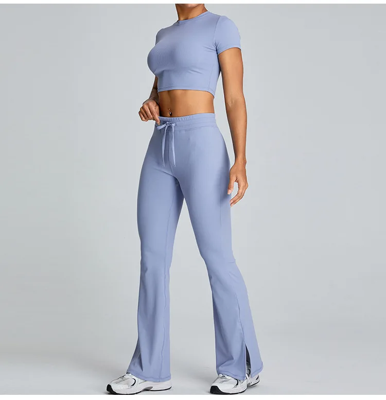 OEM Women Ribbed Crop Top T-shirt with Flare Leggings 2 Pcs Sets Plus Size Yoga Sports Gym Pants Sets Gym Fitness Active Wear