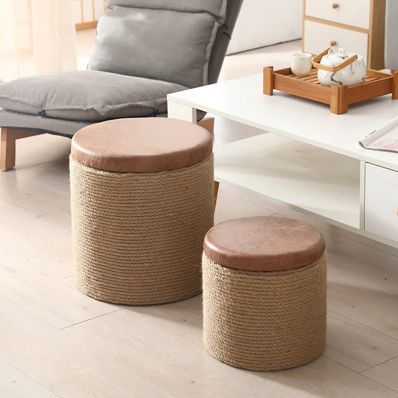 Household Linen Rope Stool Change Shoe Double Purpose Solid Wood Storage Stool Footrest Square Round Bench