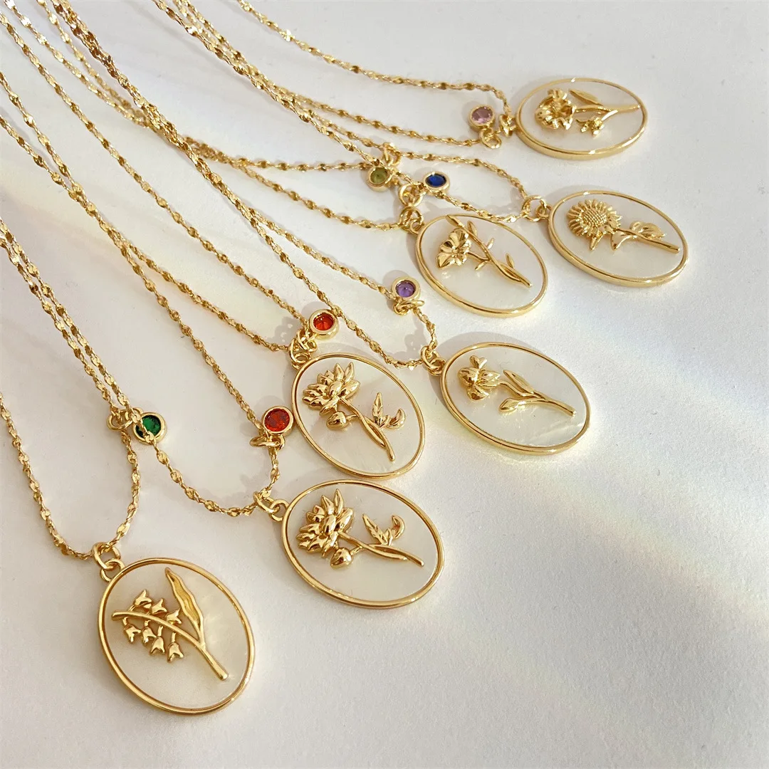 OUKE Fashion Gold Clavicle Chain Birthday Jewelry Gifts 3D Oval Shape December Flower Crystal Birthstone Pendant Flower Necklace