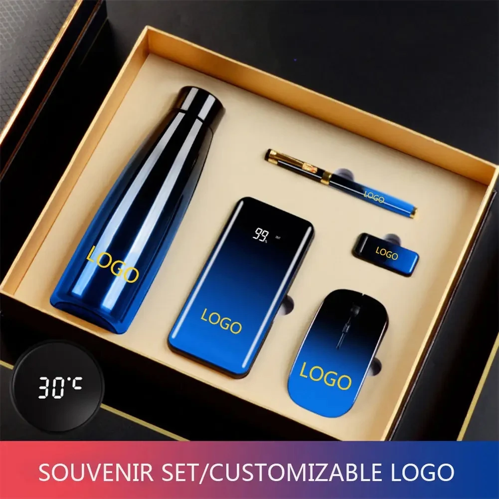 Free  Custom Corporate Luxury Gift Set 4-in-1 Promotion Business Kit with Power Bank Mouse Pen Flocking Graphic Print Christmas