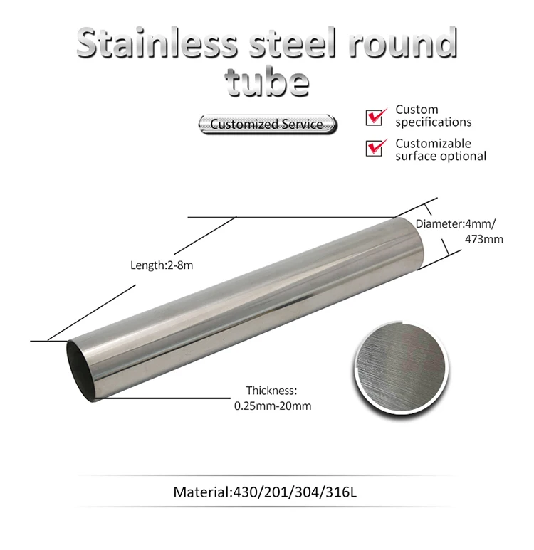 Round Stainless steel pipe ASTM A270 A554 SS304 316L 316 310S 440 1.4301 321 904L 201 square pipe inox SS seamless tube