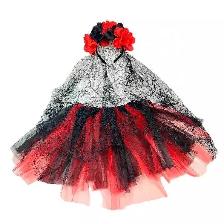 Dia De Los Muertos Day Of The Dead Headband Tutu Skirt Multicolor Petticoat Ballet Bubble Dance Halloween Dress Up Set