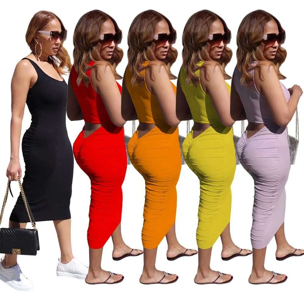 QC-3002 Wholesale factory  pleat long dress tank top backless 2021 casual sun dresses 2021 women