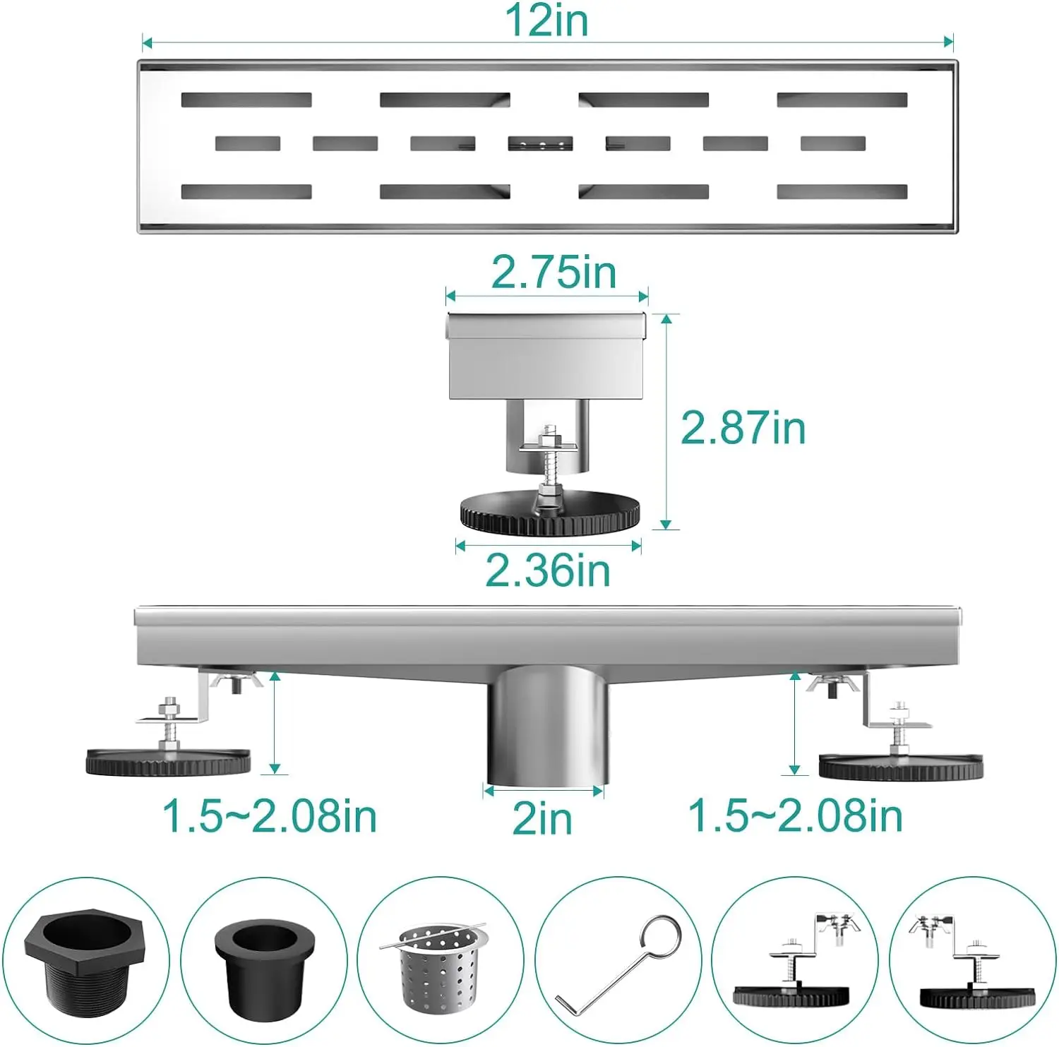 High Quality Floor Drain Pattern Cover Grate Removable Rectangular Shower Drain 304 Stainless Steel Metal Building Materials