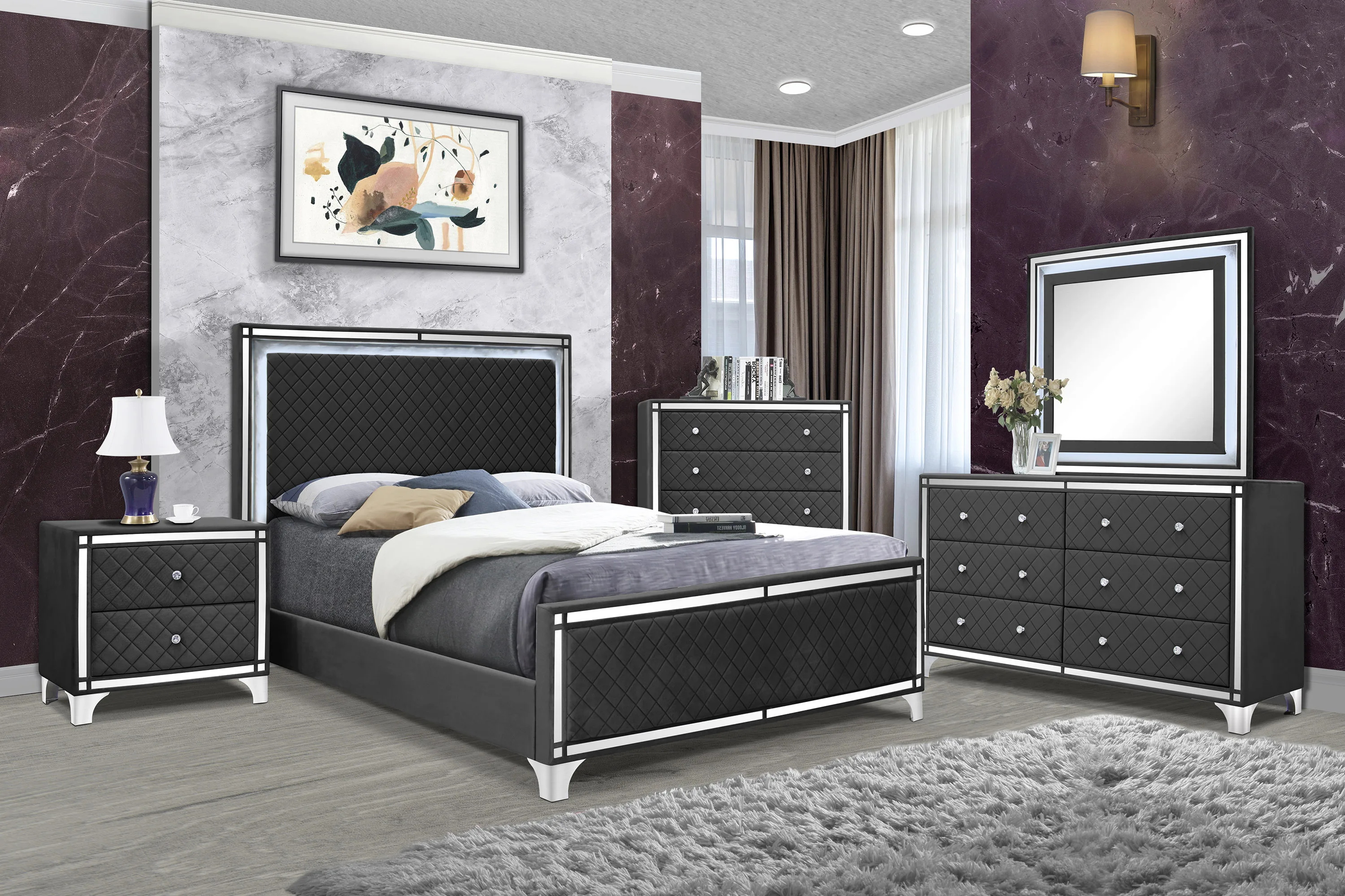 5 Pcs Upholstered Quilted Design Bedroom Set Velvet Grey Complete With Bed/ Dresser/ Chest Of Drawer/ Night Stand And Mirror