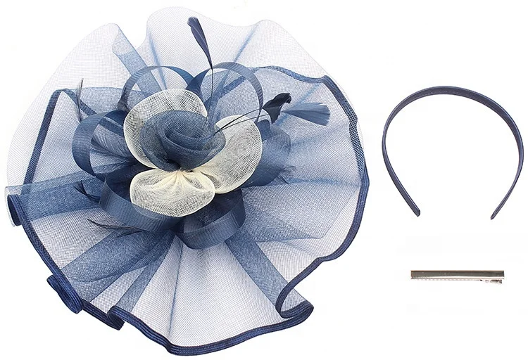 Повязка для волос sinamay женская с перьями, вечерний аксессуар для волос, крупная темно-синяя Вуалетка ручной работы, головной убор