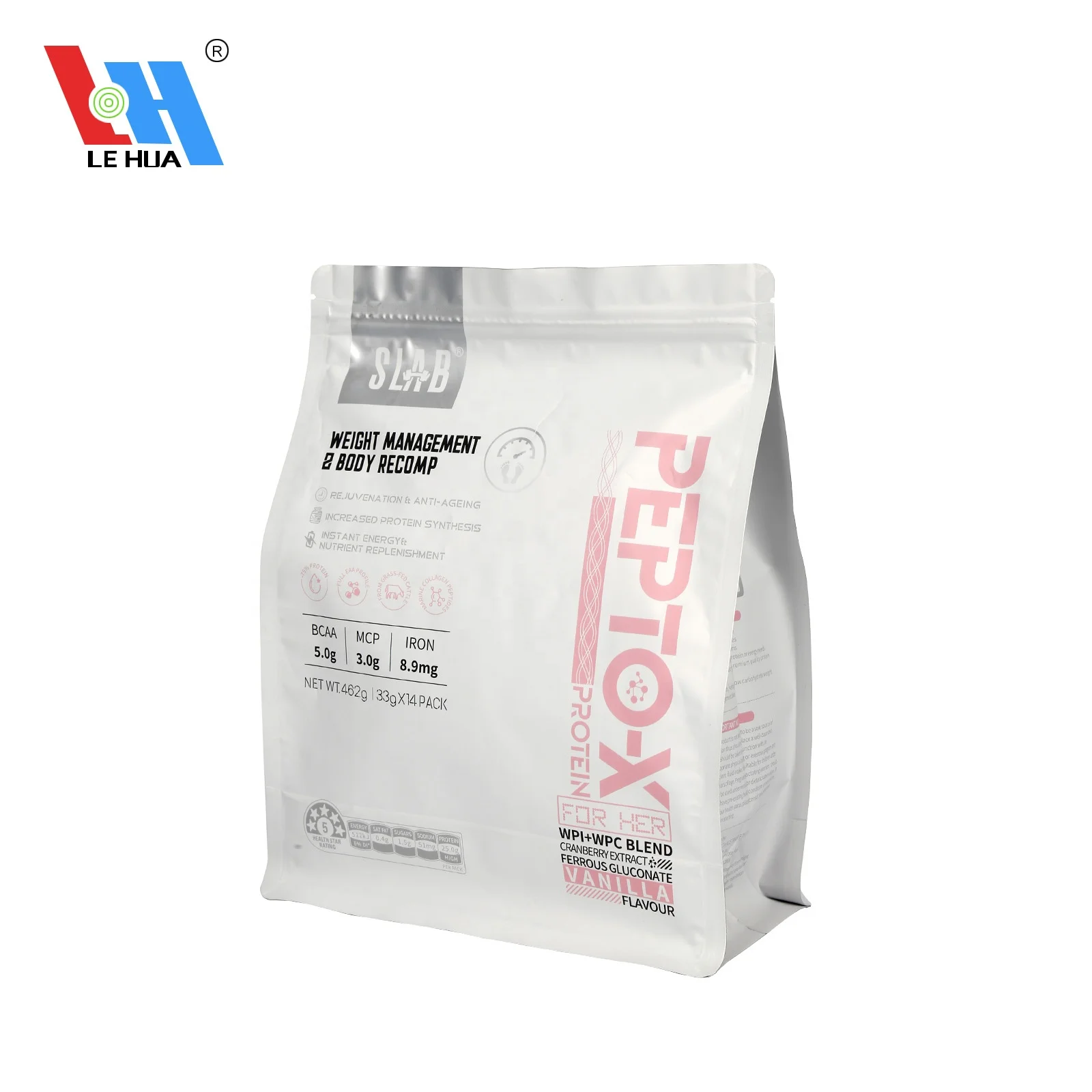 Custom Logo Substitute Meal Powder Flat Bottom Stand Up Zipper Eco Friendly Bag