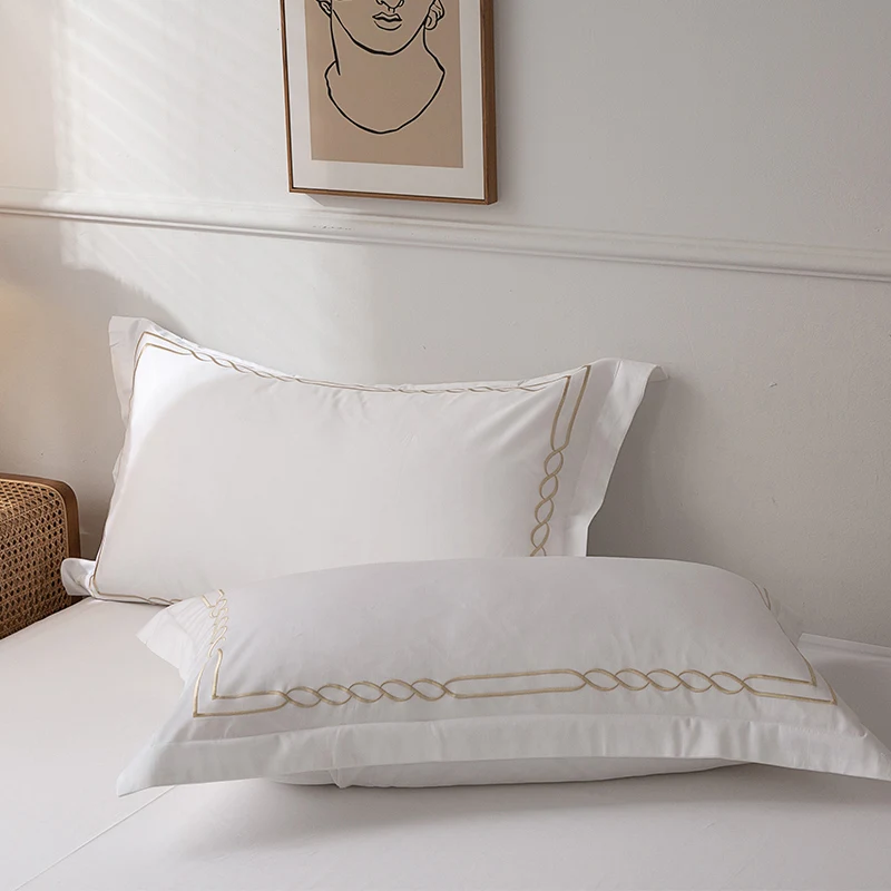 5 Star Gold Embroidery Thread Hotel Quality Linen Bedding Set Bed Luxury Sheets 100% Cotton