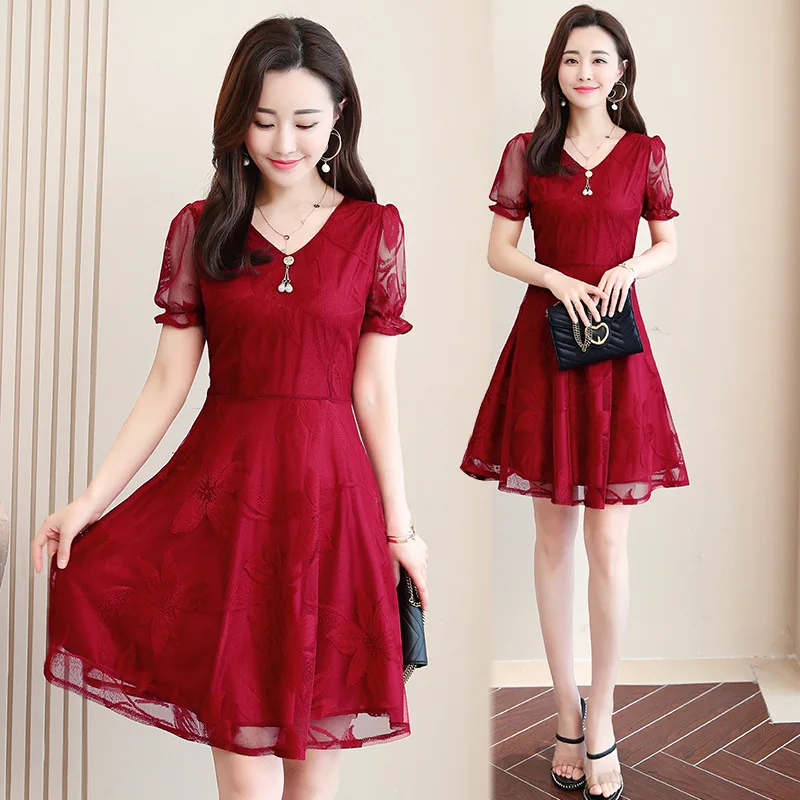 YiXin Dresses Women Ladies Summer Casual V-neck Lace Short Sleeve Mini Korean Dresses Supplier New Fashion Lady Dress