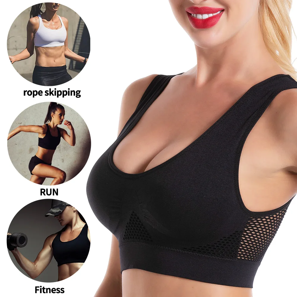 Plus Size Ladies Women Hot Sexy Xxxx Full Coverage Air Mesh Elastic Top Sports Gym Without Steel Ring Fitness Gather Yoga Bra