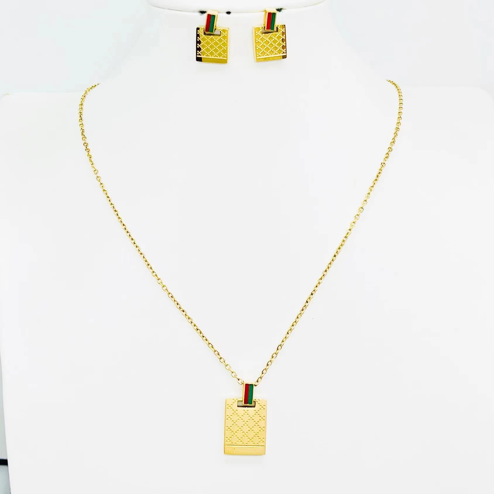 HC Stylish 18k gold-plated GUCIE perfume bottle square pendant regular chain necklace earrings jewelry set for male Christmas