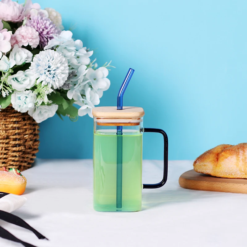 Square Glass Cup With Bamboo Lid And Reusable Glass Straw Iced Coffee Glasses Soda Can Cup