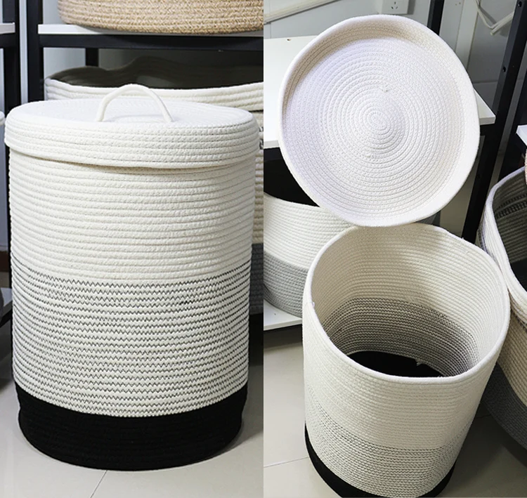 Amizon hot best sale tall wholesale white and grey pattern  weave household cotton rope storage basket with cover lid