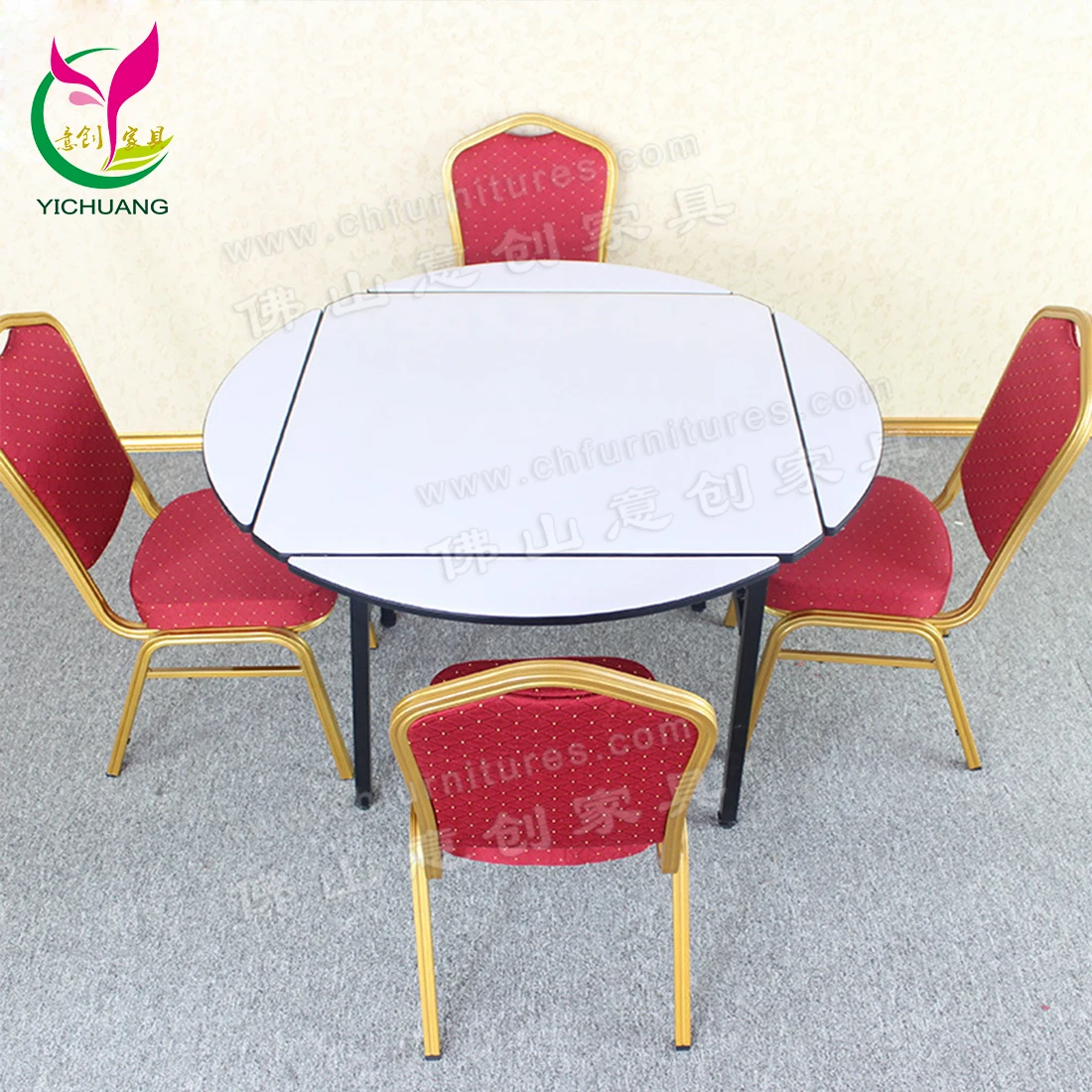 Yichuang Modern Round Square Changeable Plywood Folding Table for Dining Hotel Banquet & Restaurant Pair with Chairs
