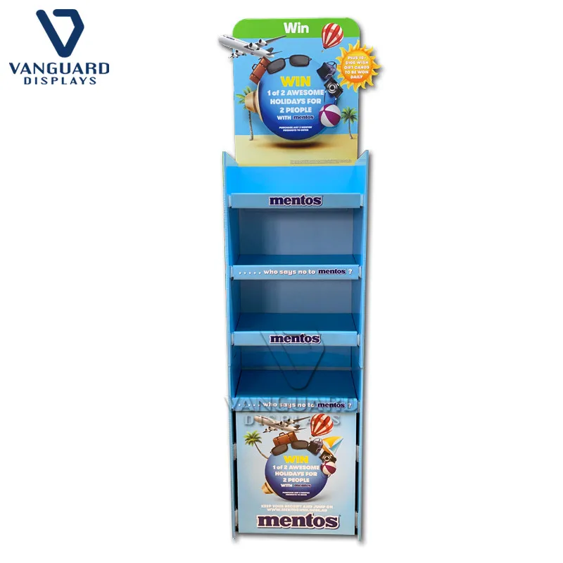 
High quality wholesale custom confectionery cardboard tiered shop supermarket shelf snacks food chocolate display stand 