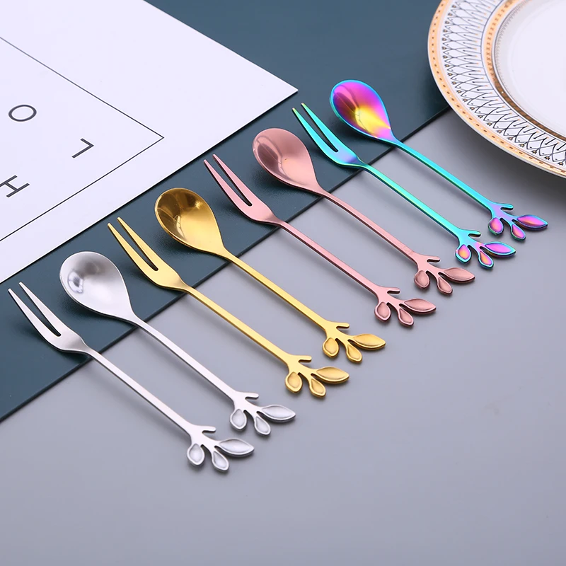 Stainless steel mike spoon Ice cream dessert spoon fork Leaf shape Coffee spoon with colorful