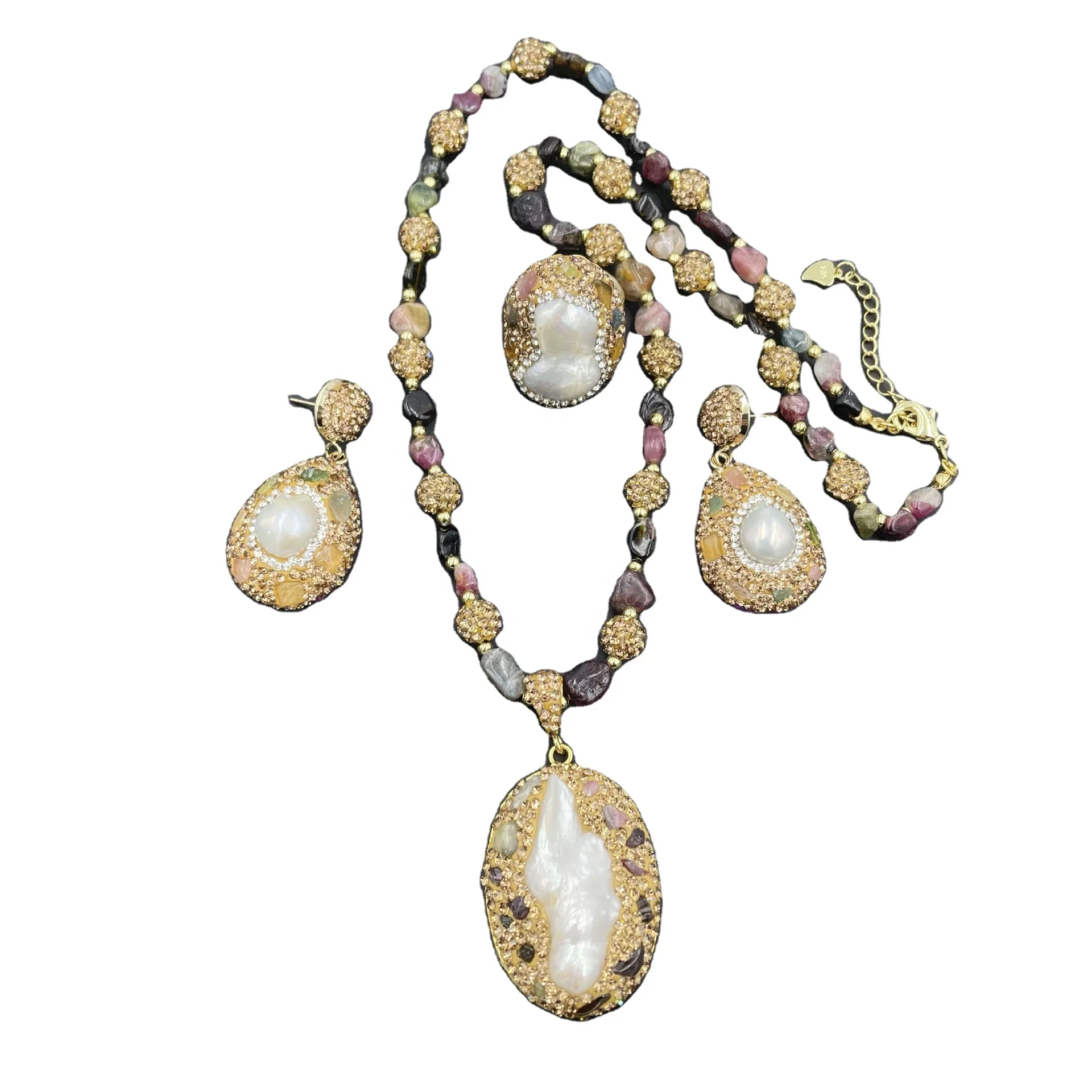 Baroque Pearl Tourmaline Set Freshwater Pearl High-Grade Handmade Czech Diamond 3 Pieces Jewelry Set