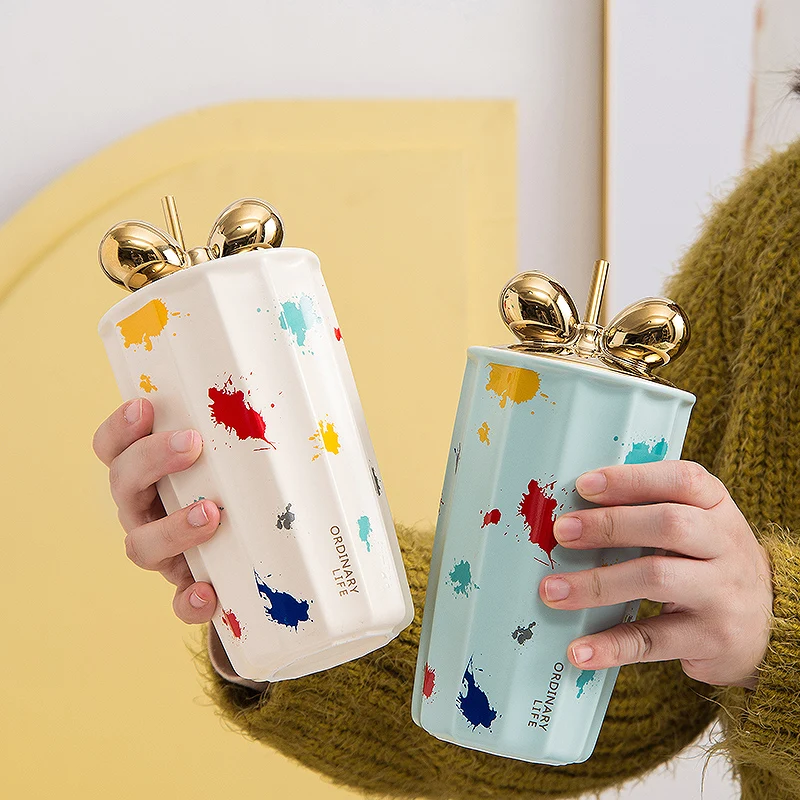 Flypeak Wholesale New Arrival Nordic Ceramic Mug Coffee Cup Porcelain Mug Fashion Luxury Ceramic Mug With Lid And Spoon