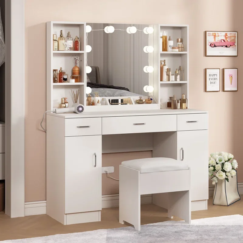 Bedroom Furniture Wholesale Multi-Functional Large Mirror and 10 LED Bulbs Dressing Table Vanity Desk for Makeup