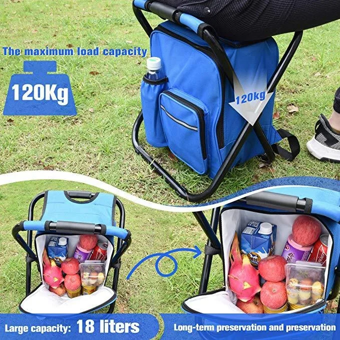 Portable ergonomic design fishing chair multi-purpose 3 in 1 cooler bag insulated folding backpack picnic stool