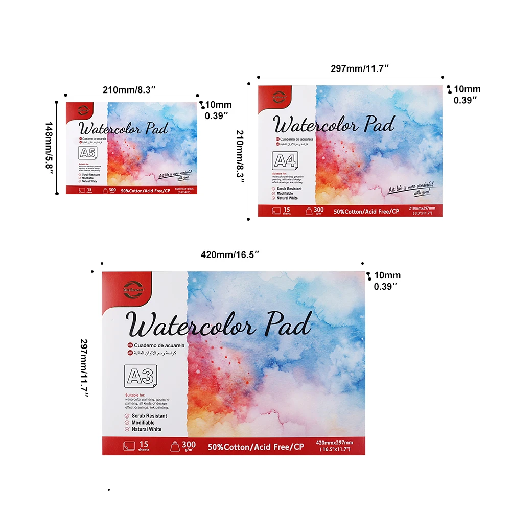Xin Bowen Watercolor Sketch Pad  300gsm 15sheets Set of A3/A4/A5 Acid-Free Paper for Artists Watercolor Drawing Paper