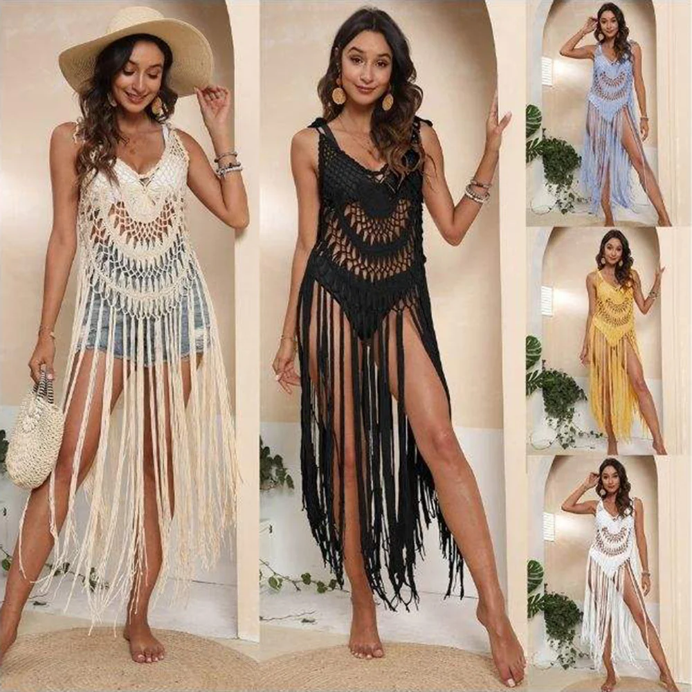 Hand Hook Sexy Strap Hollowed Out Long Tassel Plus Size Kimono Beach Bikini Cover Ups For Women