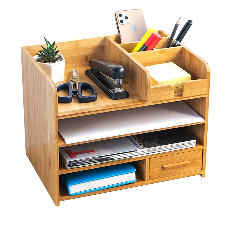 Bamboo Desktop Organizer with Drawer Multi Use Stationery Holders  Paper File Sorter Desk Storage Bookshelf for Home Office